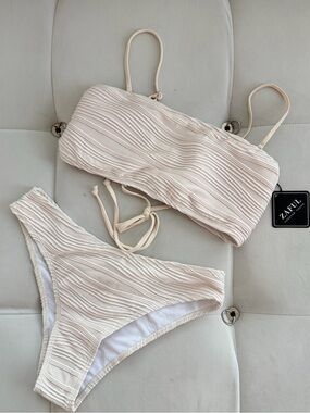 Zaful Cream Ribbed Bandeau Bikini Set